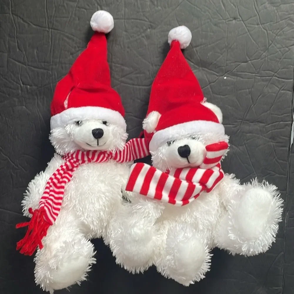 Lovely Plush Bear with Christmas Hat Scarf Stuffed Soft Bear Doll Set Of 2 New